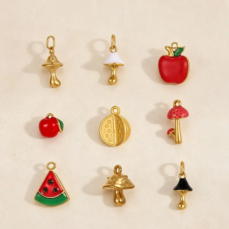 3PCS Cute Color 3D Fruit DIY Stainless Steel Apple Enamel Watermelon Oil Drop Pendant Jewelry Accessories Mushroom DIY Jewelry