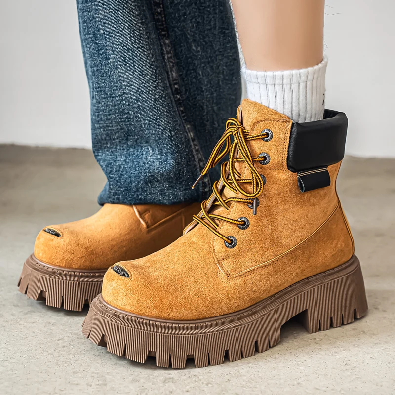 

Классические высокие ботинки из кожи для мужчин, повседневные ботинки до щиколотки, дизайнерские рабочие ботинки на платформе, мотоциклетные ботинки с широким носком, Zapatillas