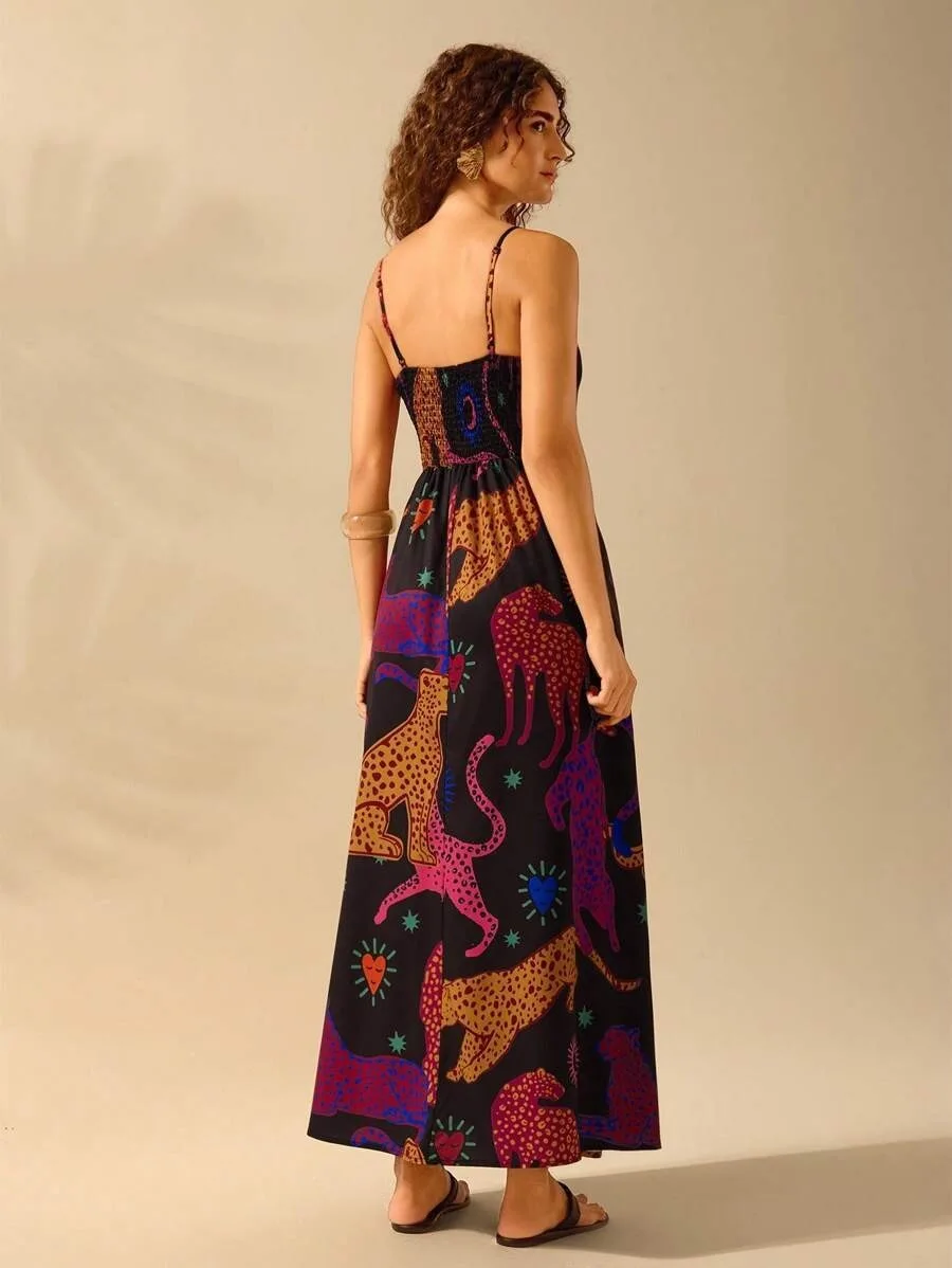 DYKR 2025 ฤดูร้อนชุดขายส่งสําหรับผู้หญิง Bohemian Tropical Tree Sunshine ดอกไม้พิมพ์ Ruffle Casual Beach ชุดวันหยุด