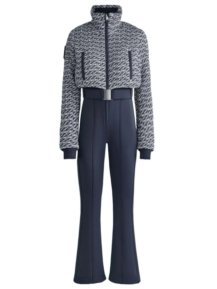 أنيقة طباعة رشاقته بذلة التزلج المرأة شيك كم كامل الوقوف طوق سستة حزام طويل رومبير موضة الدافئة عالية الخصر السروال القصير #6