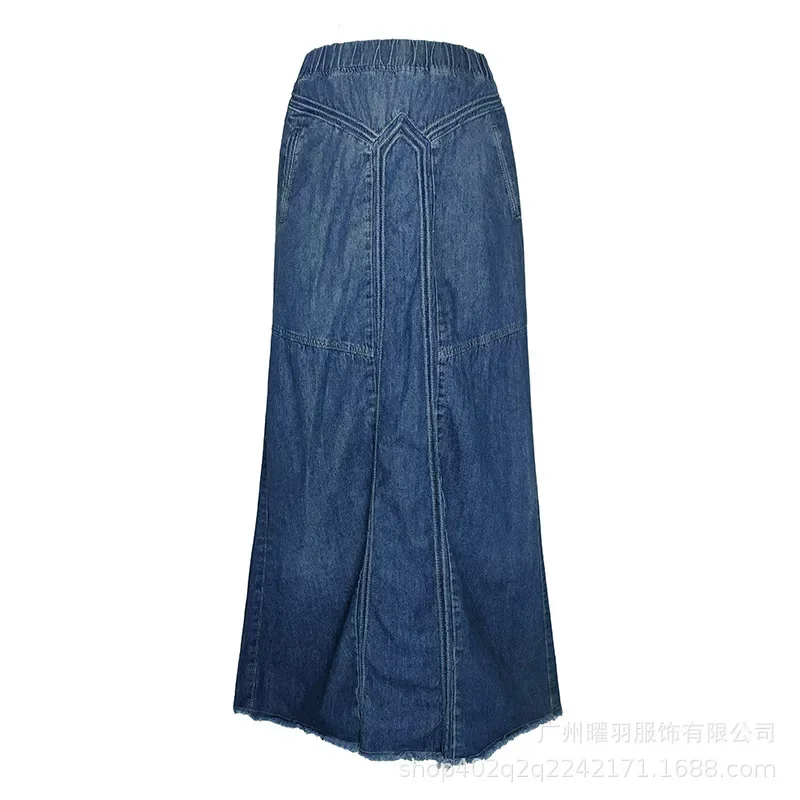 Women Y2k Skirt Denim Long Skirts Loose A Line Elastic High Waist Skirt Pocket Jeans Autumn Winter Casual Elegant Mom Streetwear