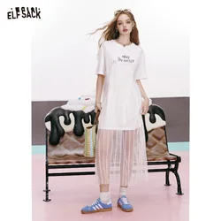 ELFSACK 2024 summer new arrival Mesh T-shirt for slim fit and waist-hugging white dress with niche design for women