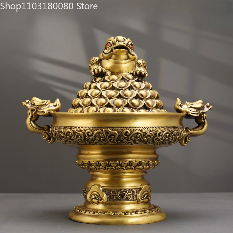 35cm Copper brass Gold Toad Treasure bowl Statue Chinese Lucky Fengshui decor Large size For Store Office decor sculpture