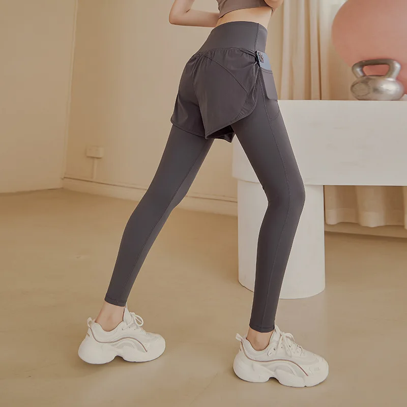 

Women's High-waist Yoga Pants Fake 2 IN 1 Two-piece Running Cycling Pants Breathable Sports Leggings Summer Workout Gym Clothing