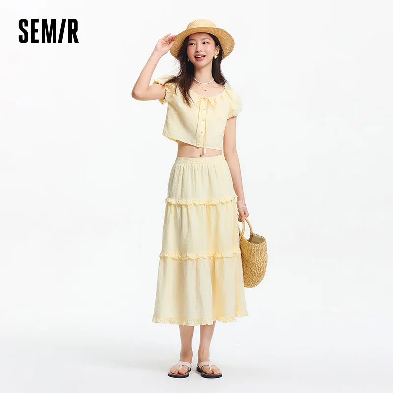 Semir Set Women Large Round Neck Cropped Top Ruffled Tiered Skirt 2025 New Summer Textured Two-Piece for Elegant Outfits