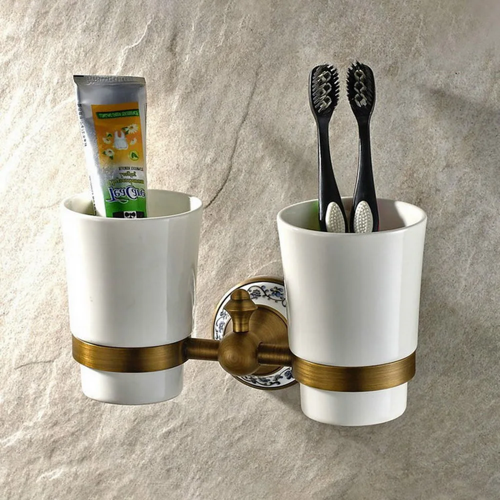 Cup & Tumbler Holders Wall Mounted Antique Brass Toothbrush Holder Bath Hardare sets Bath Product Double Cup Holder Kba432