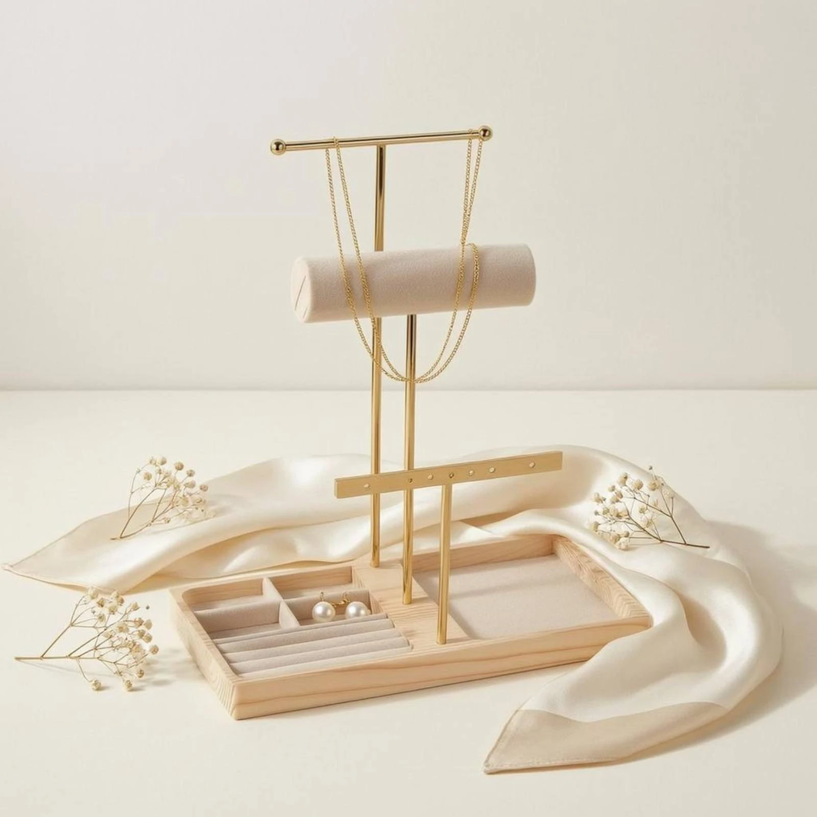 

T-Shaped Jewelry Stand Padded Jewelry Display Organizer Necklace Organizer Rack Wooden Base Bracelet Holder Metal Frame