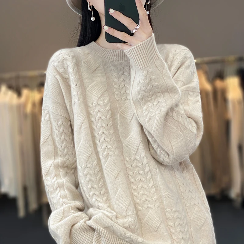 Thick Large size 100% Merino Wool Women's Sweater New Arrival O-Neck Pullover Knitted Twisted Jumper Lady Clothes Fashion Trends