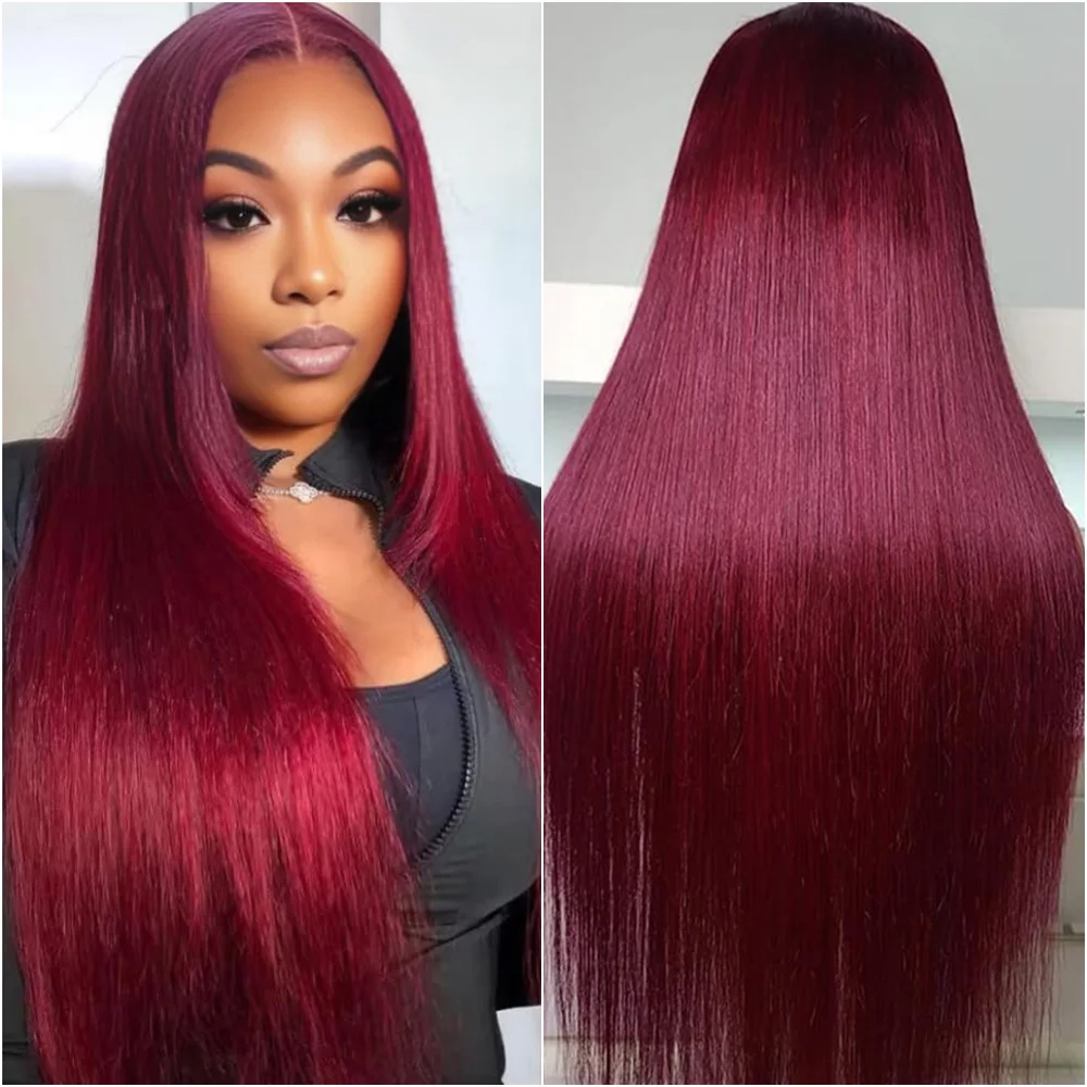 

Bone Straight 99j Burgundy 13x6 HD Lace Front 100% Human Hair Wig Pre Plucked Lace Colored 13x4 Hd Lace Frontal Wigs for Women