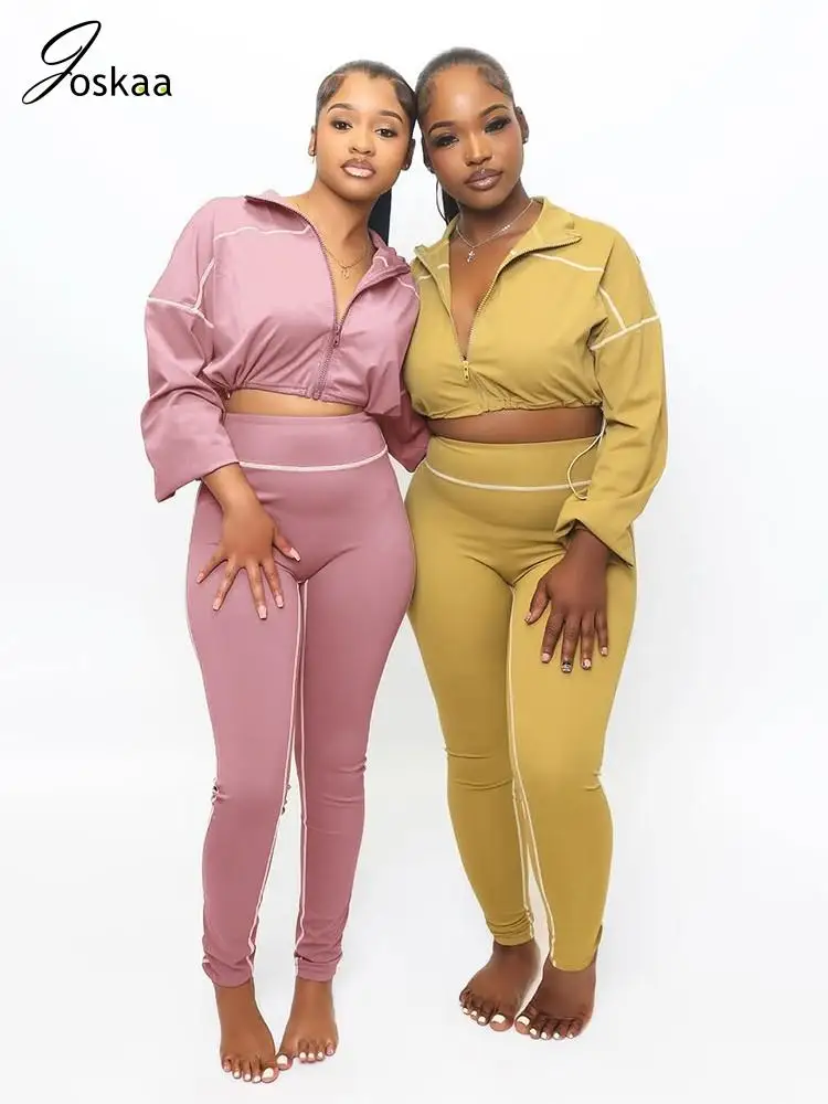 

Joskaa 2025 Women's Comfort Sporty Two Piece Set Casual Lapel Full Sleeve Zip Crop Top and Leggings Matching Tracksuits S-XXL