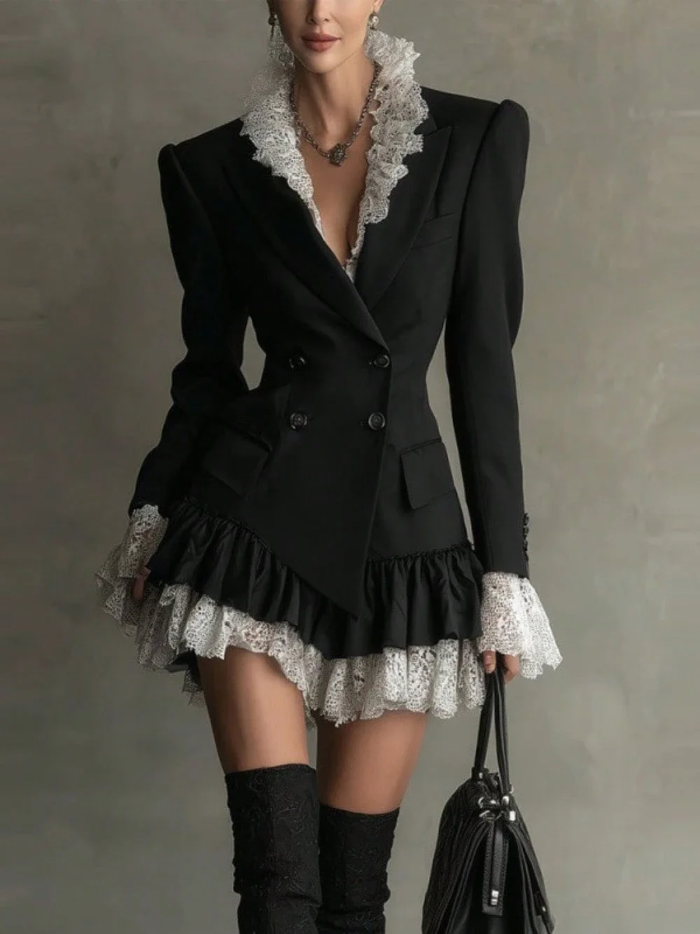 

Women's Black Lace Trim Double Breasted Blazer Dress With Ruffles