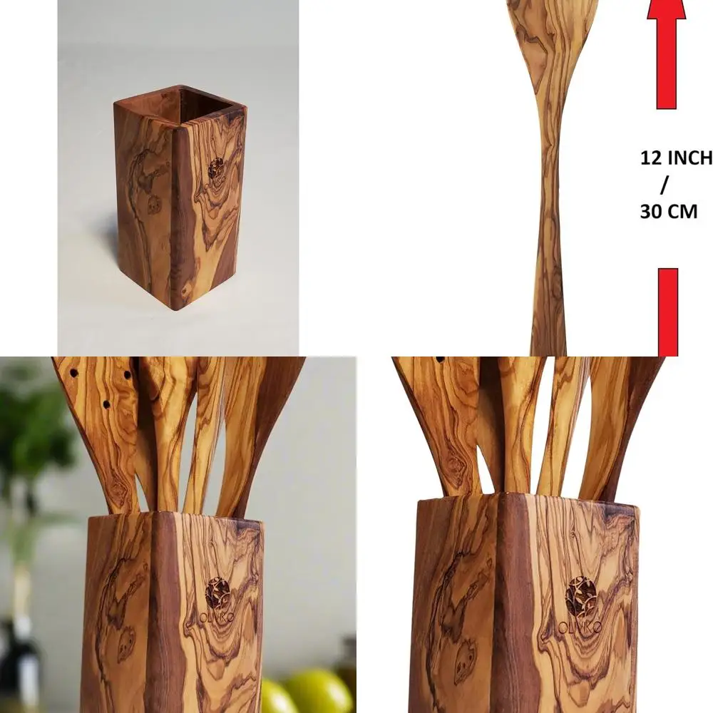 

Olive Wood 5-Piece Kitchen Utensil Set: Holder, 2 Spatulas, 3 Spoons, Pure Olive Wood