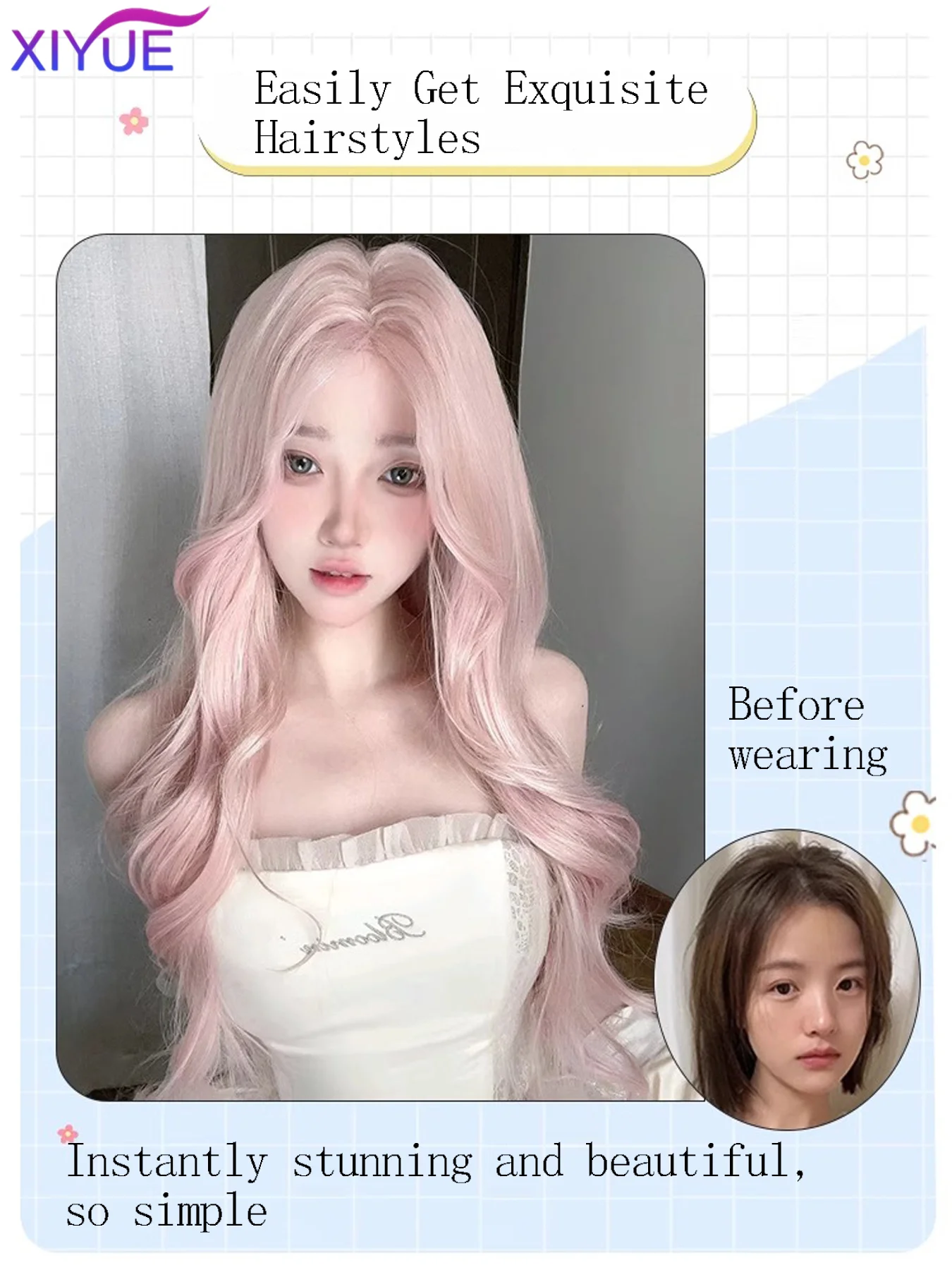 XIYUE  Light Pink Synthetic Hair Wigs Long Wavy Natural Hair Wigs with Bangs for Women Cosplay Lolita Wig Heat Resistant