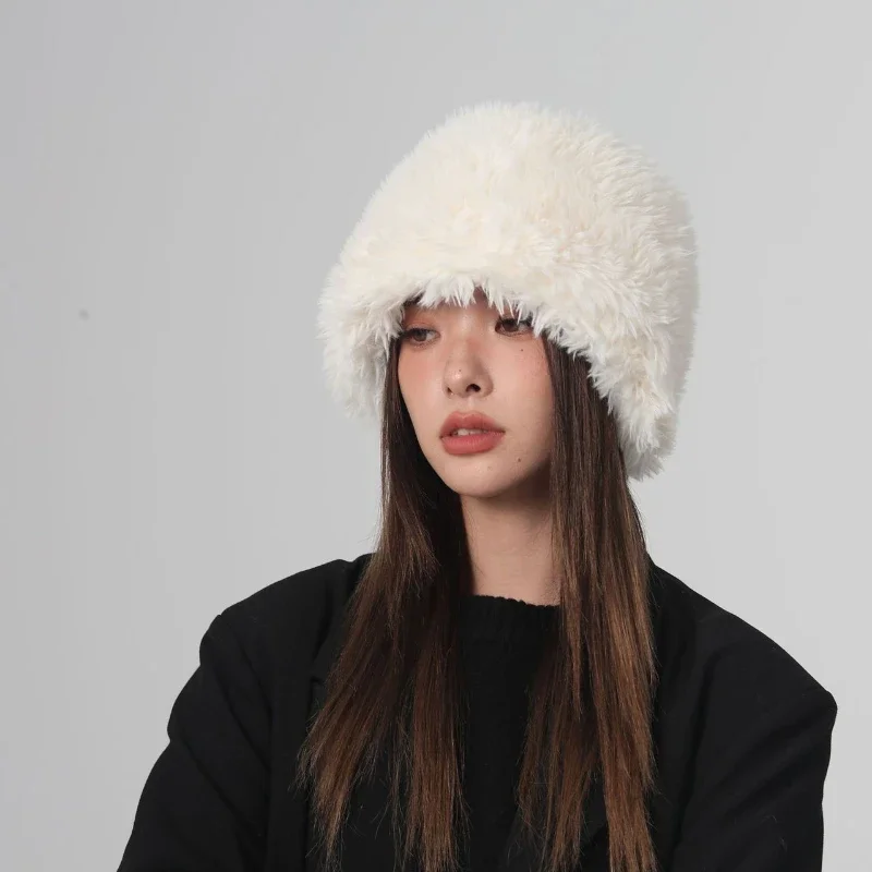 Ins New Blue Cute Plush Bucket Hats Men Autumn and Winter Big Head Korean Version Thickened Warm Fashion Ski Caps for Women