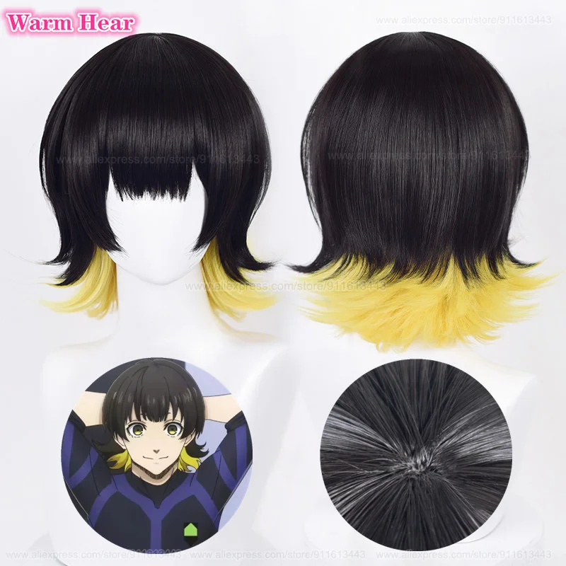 

Anime Bachira Meguru Cosplay Wig Black Yellow Hair Bowl Cut Team Z No.8 Football Player Halloween Party Wigs + Wig Cap