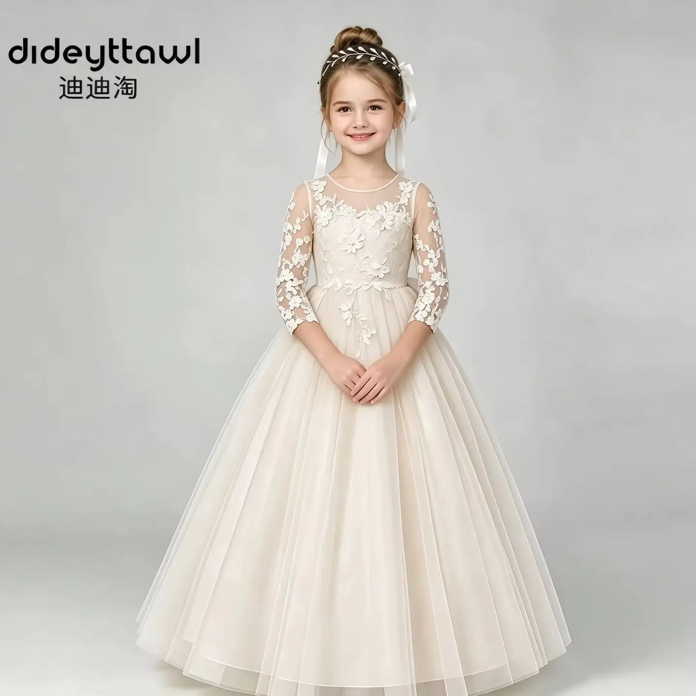Lace Sleeve Tulle Flower Girl Dress Appliques A Line Long Formal Gown For Wedding Communion Birthday Party Pageant Kids Dresses