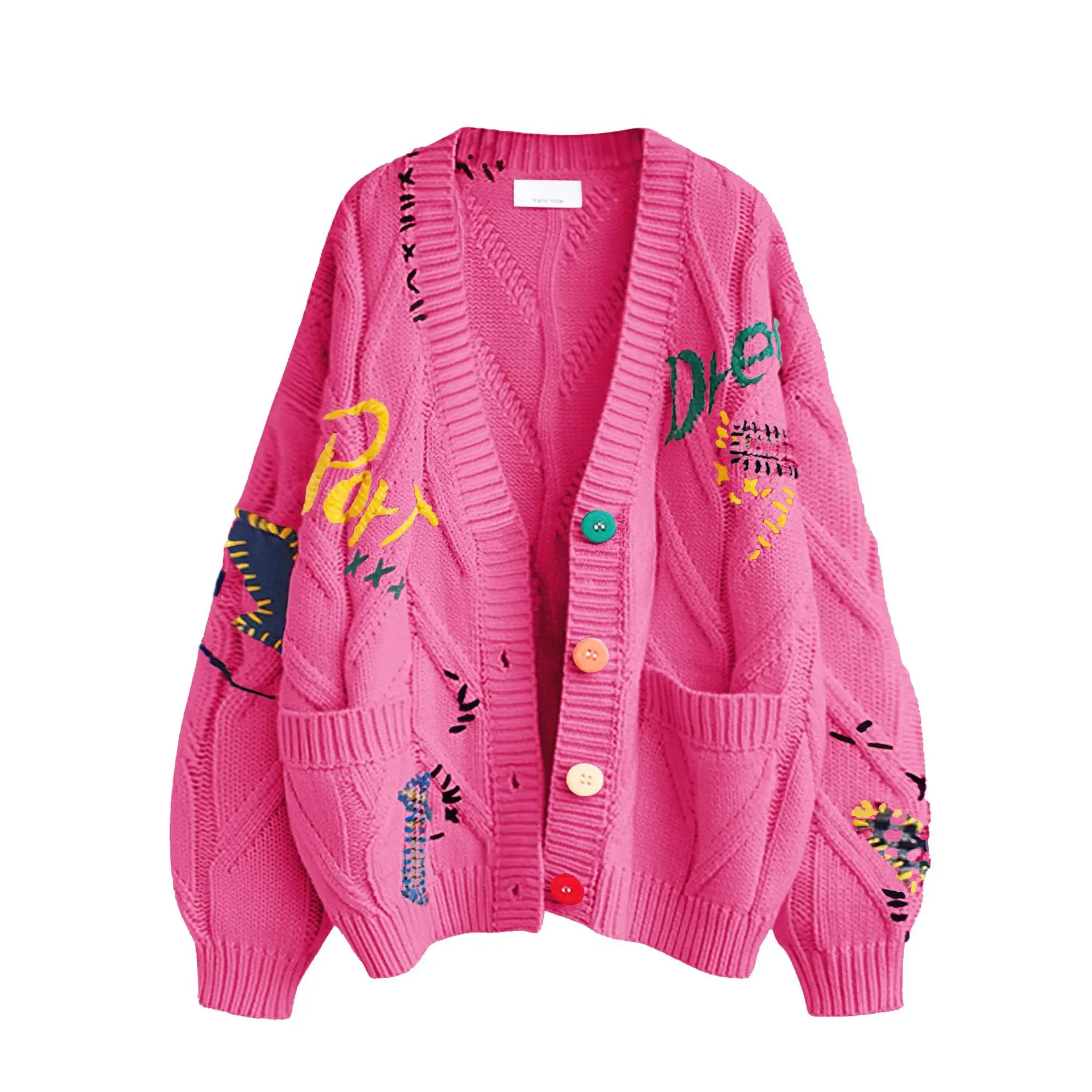 เสื้อคาร์ดิแกนผู้หญิง คอวี แขนยาว ปักลายปะติด ถักนิตติ้ง มีกระเป๋า เสื้อผ้าฤดูใบไม้ร่วง ติดกระดุมแถวเดียว ทรงหลวม สไตล์ลำลอง