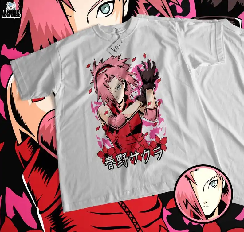 Anime Pink-Haired Heroine Unisex T-shirt - Japanese Manga-Inspired Design, 2000s Fashion, Otaku Gift, Japan Style, Kunoichi Figh