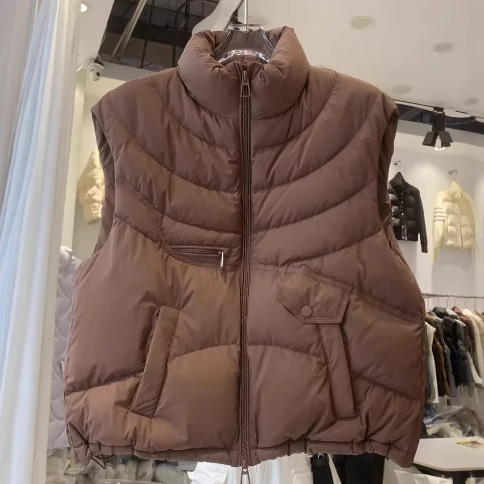 

Женский модный укороченный жилет с воротником-стойкой, без рукавов, с двойной молнией, из белого утиного пуха, теплый, безрукавка, пуховик из белого утиного пуха