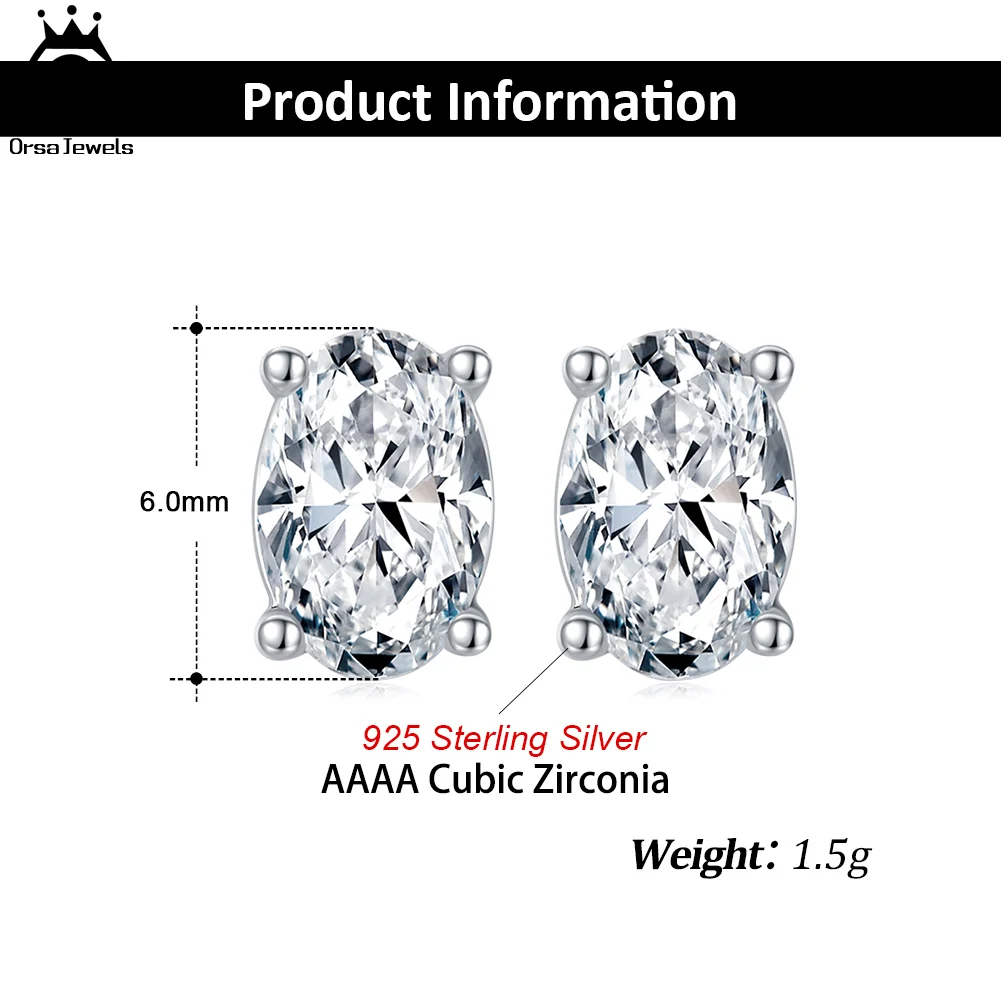 ORSA JEWELS Real 925 Sterling Silver Oval-Cut AAAA Cubic Zriconia Stud Earrings for Women Handmade Earring Wedding Jewelry APE58