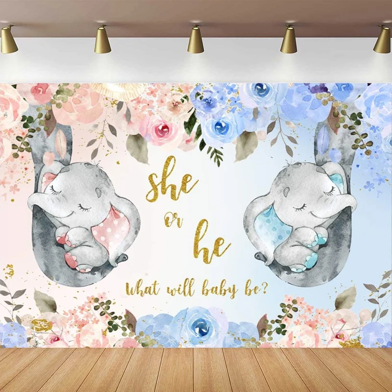 

Photography Backdrop Pink Or Blue Floral Elephant Poster He Or She What Will Baby Be Pregnancy Background Gender Reveal Party