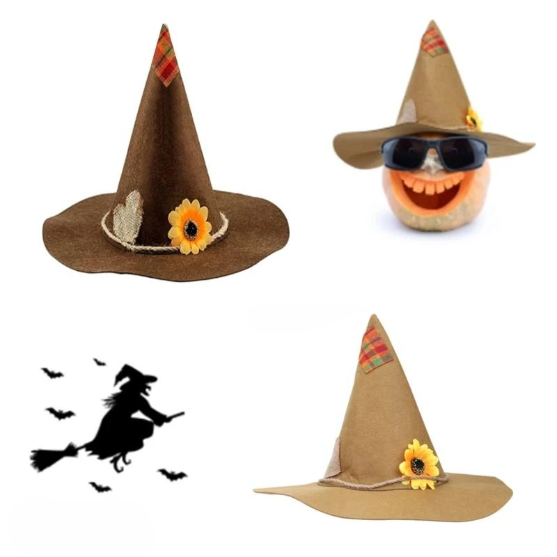 New Carnival Halloween Felt Witch Hat Sunflower Hemp Rope Patch Cloth Hair Felt Straw Hat Witch Pointy Hat Rice