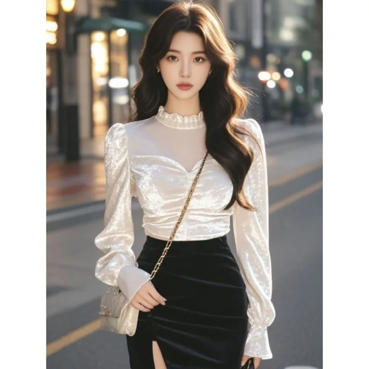 Korejepo Semi Turtleneck Mesh Stitching White Long Sleeved Bottoming Shirt Autumn Temperament Golden Velvet Versatile Short Top