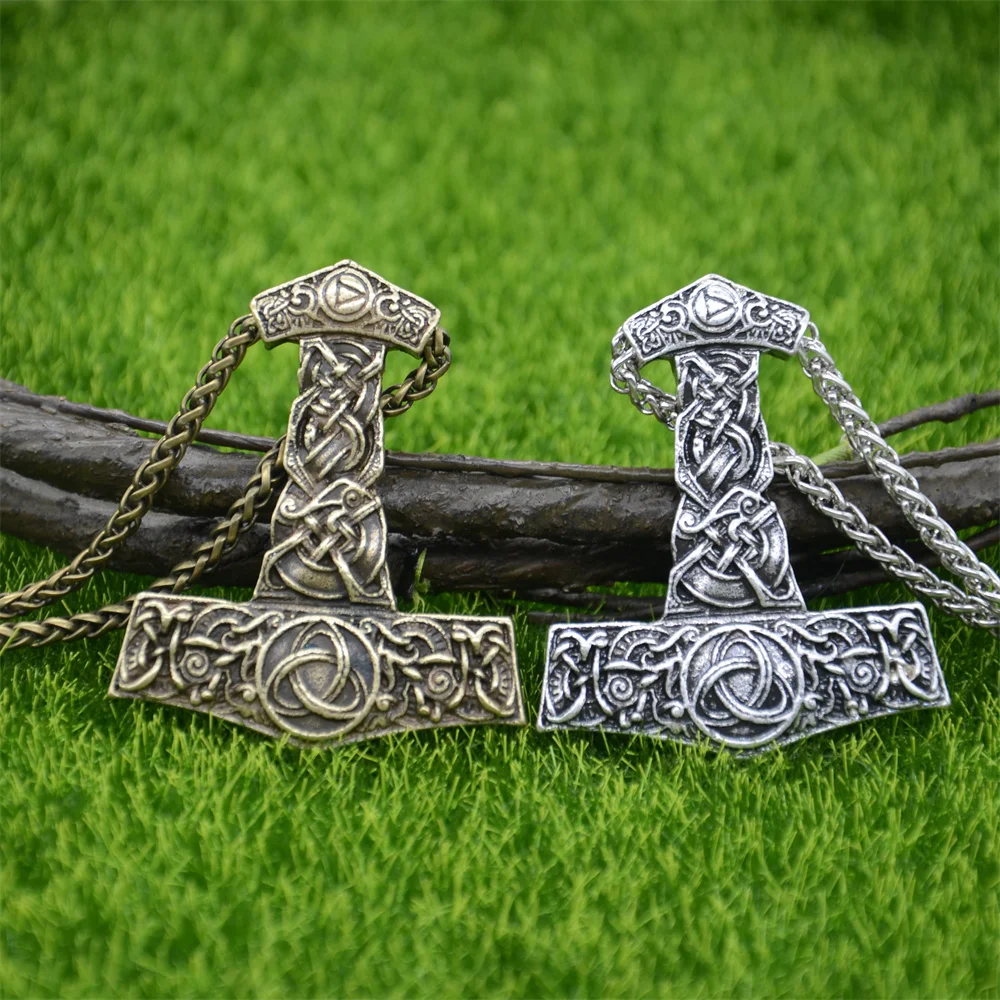 Gothic Thor Hammer Mjolnir Pendant Viking Necklace Men Women Irish Trinity Knots Talisman Jewelry