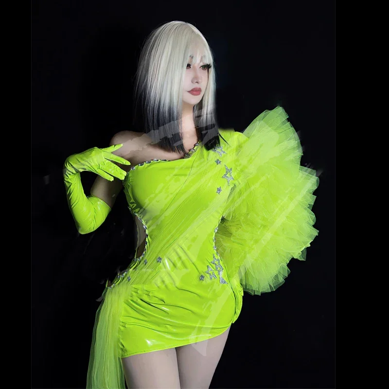 Бар, ночной клуб, Dj Ds, одежда для танцев на пилоне, флуоресцентное зеленое кожаное платье, сексуальные костюмы танцовщицы Gogo, женские вечерние костюмы для рейва, XS7963