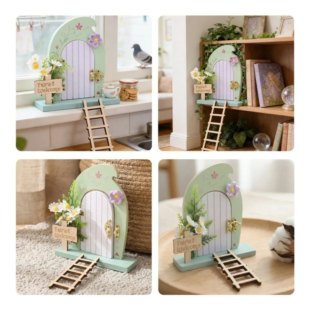 Cartoon Wooden Fairy Door Ornaments Detachable Miniature Fairy Tale Door with Ladder Simulation Fairy Door Room Wall Decor