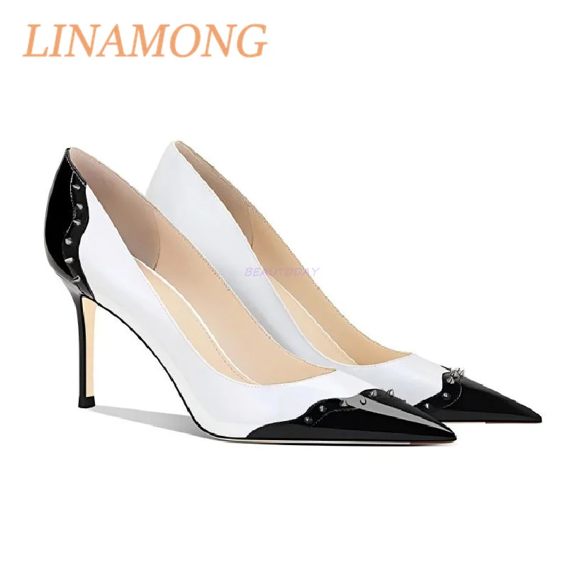 Riveted High Heels Color Blocking and Leather Splicing Design Fashionable and Simple One Foot Toe Pointed Slim High Heels