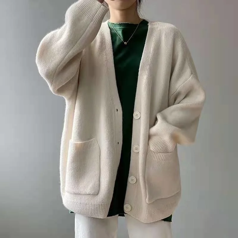 

Women's Autumn Winter Korean Fashion Sweater Loose Lazy Style Solid Knitted Warm Cardigan Coat