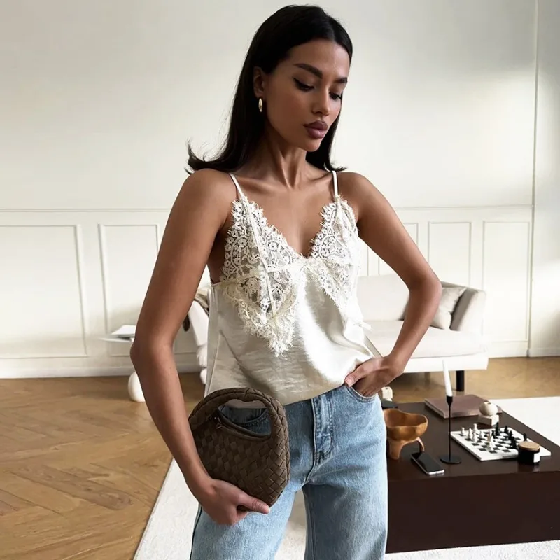 YLT Women Spring Summer New Hot Selling Fashion Sexy Lace V Neck Spaghetti Strap Camisole Top Elegant Commute Versatile Chic Hit