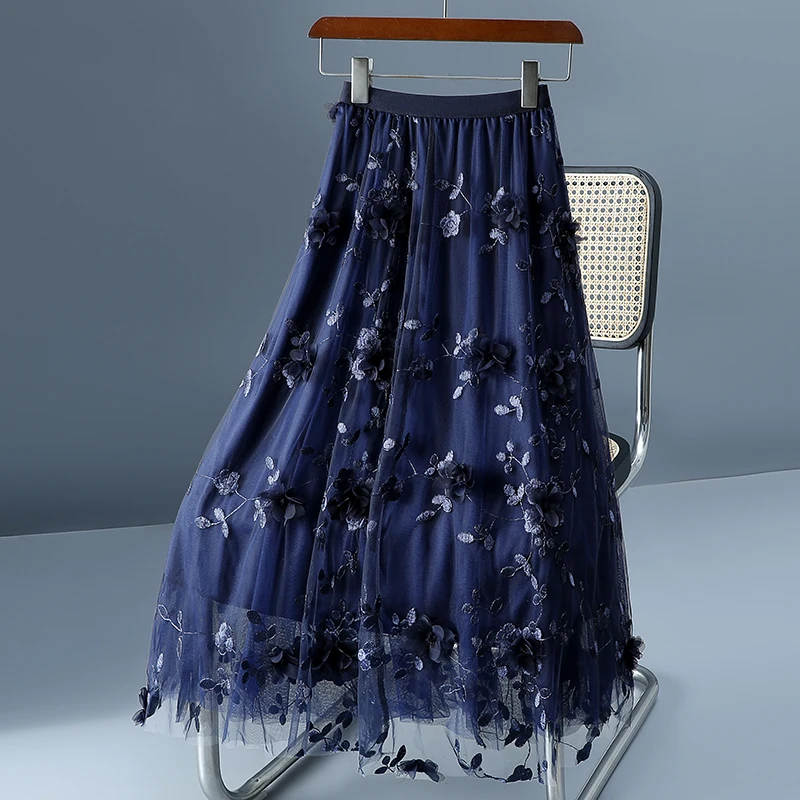 2025 printemps été femmes taille haute mince jupe longue décontractée taille haute broderie douce 3D fleurs maille Tulle jupe Streetwear