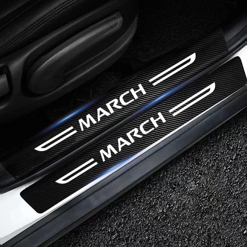 Car Decoration For Nissan March Emblem Door Sill Scuff Plate Film Carbon Fiber Stickers Front Rear Door Bumper Protect Decals