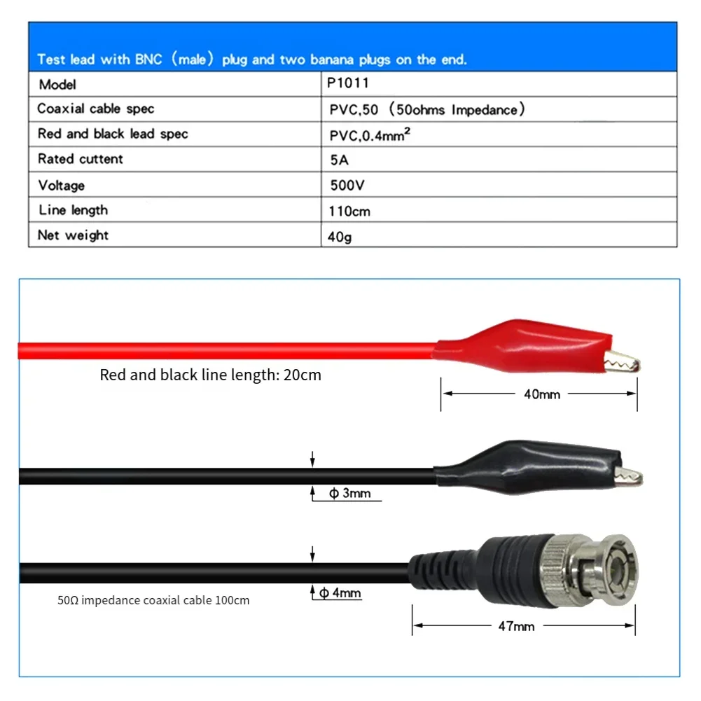 Dual Crocodile Clips BNC Test Leads Lab Instruments 40mm Crocodile Clips 500V Voltage Rating Measuring Instruments