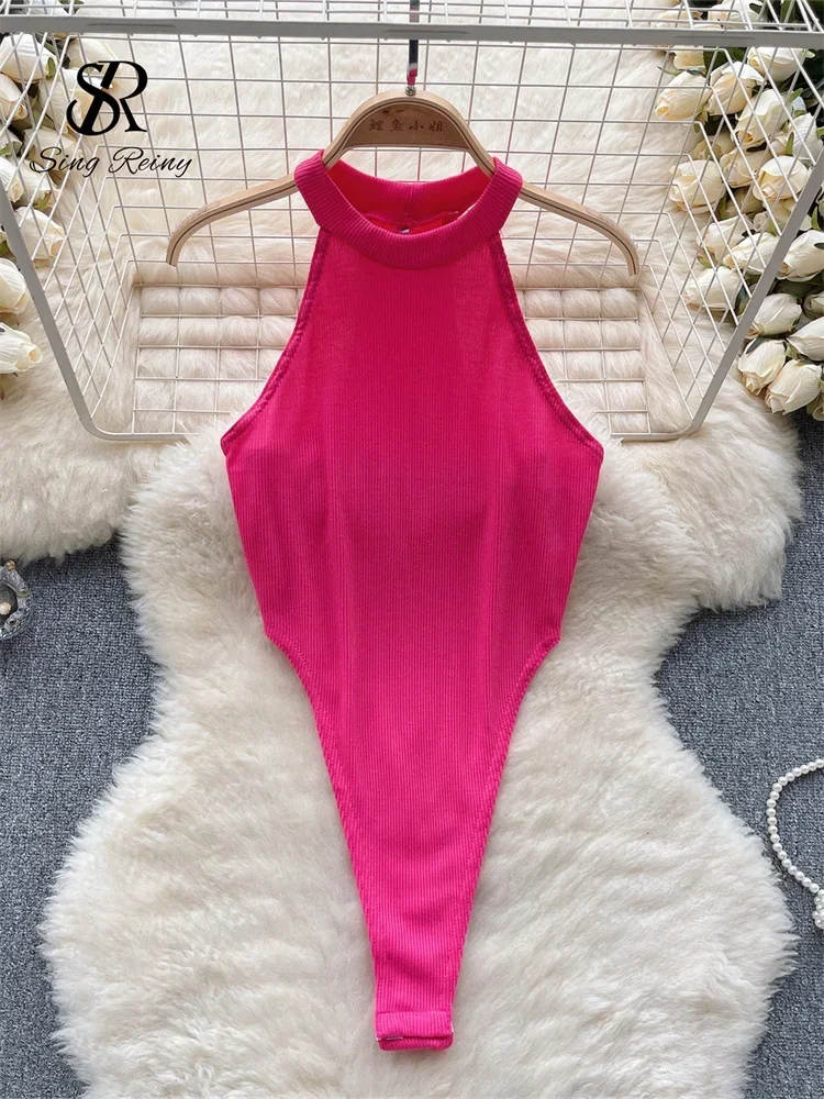 SINGREINY Halter Open Crotch Sexy Bodysuits Female Sleeveless Slim Backless Porn Bikini French Solid Thin Slim Beach Playsuits