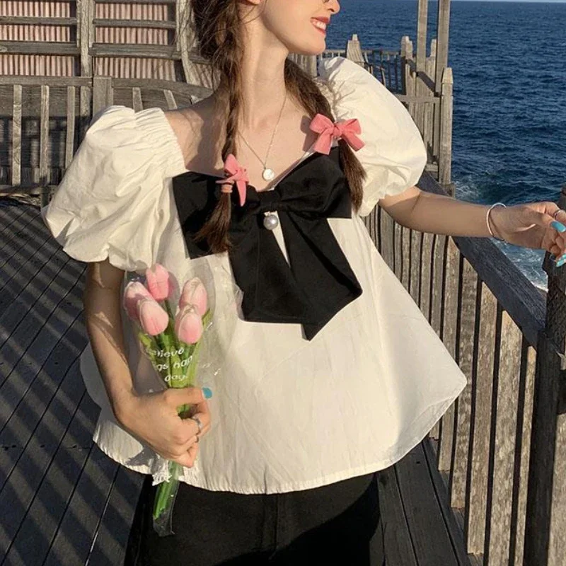 

Блузки женские с пышными рукавами, элегантные летние мешковатые винтажные эстетичные уличные модные праздничные принцессы, простые панели, нежный шик
