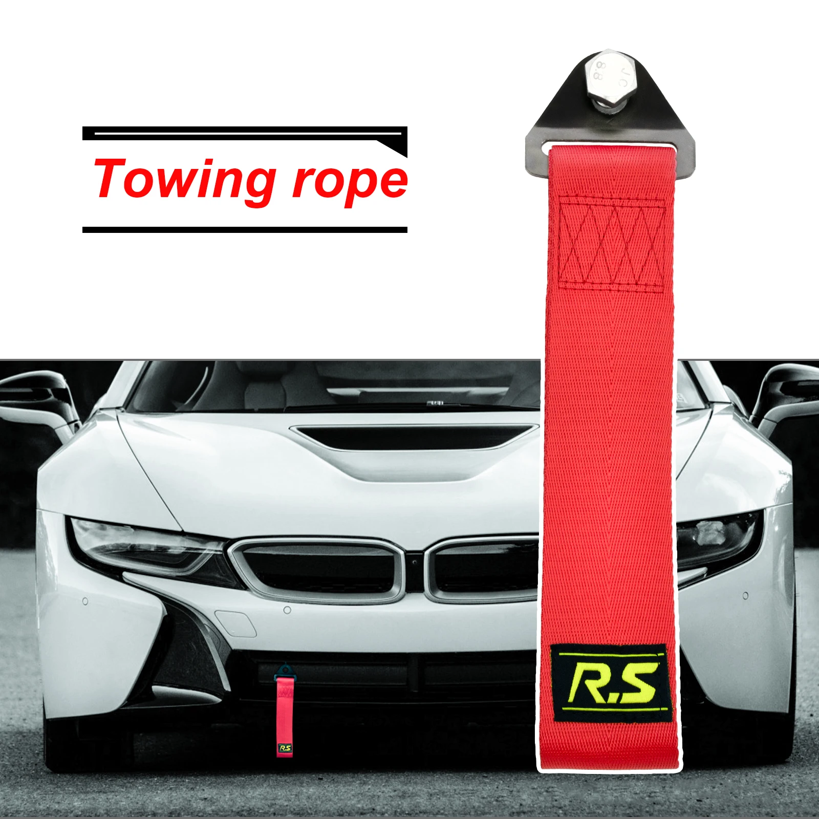 Bult+Nut Towing Rope Trailer Tow Strap Racing Sport Car Tow Hook High Strength Nylon Red Bumper Grill Auto Accessories Universal