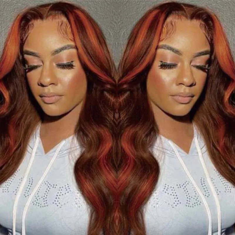 

4/350# Ginger Orange Highlight Body Wave HD Lace Wigs Frontal 13x4 Closure 5x5 Lace Front Colored Brazilian Remy Human Hair Wig