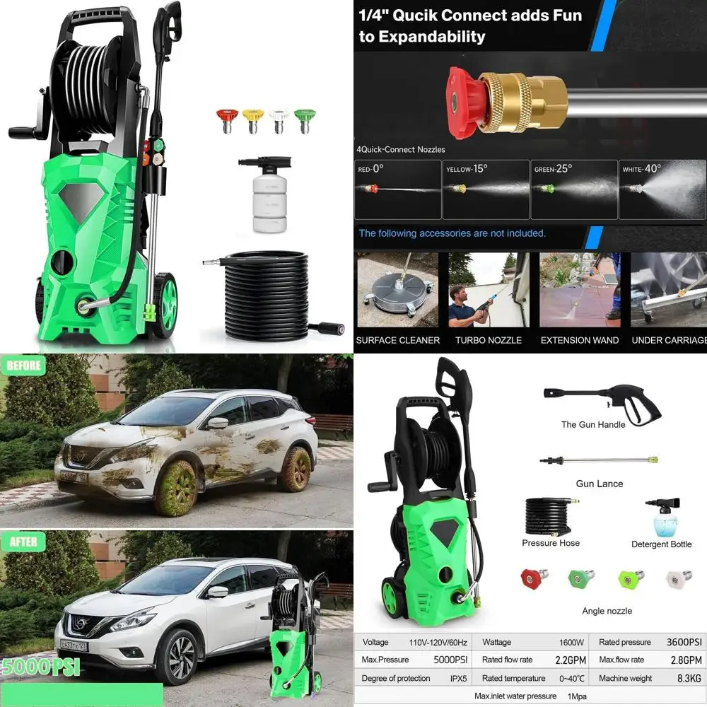 2025 موديل 5000 رطل لكل بوصة مربعة غسالة كهربائية عالية الضغط، 2.8 جالون في الدقيقة، 4 فوهات وموزع صابون للمنزل والسيارة والتنظيف الخارجي (خفيف) #1