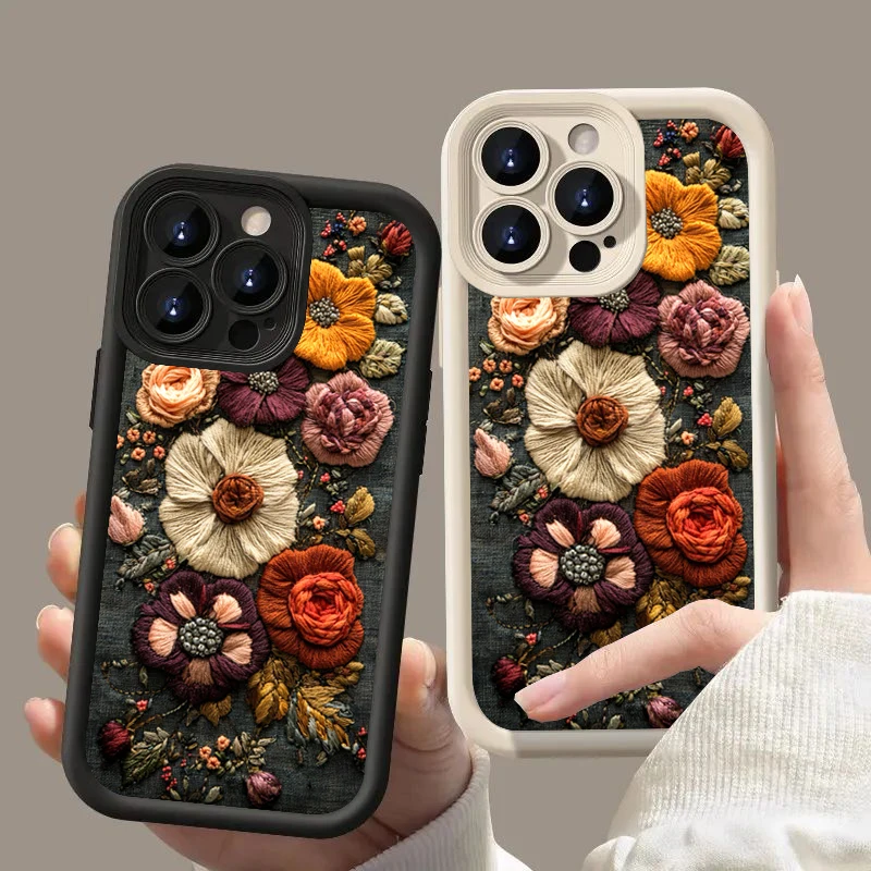

Retro Embroidery-Look Flowers Phone Case For Samsung Galaxy S25 FE S24 S23 Ultra S22 Plus A56 A54 A55 A53 A26 A25 A16 A24 Cover