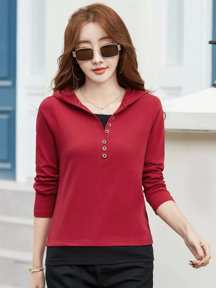 New Women Spring Hooded T-shirt Fashion Patchwork Contrast Color Design Long Sleeve Hoodies Casual Loose Fake 2 pieces Tees Tops