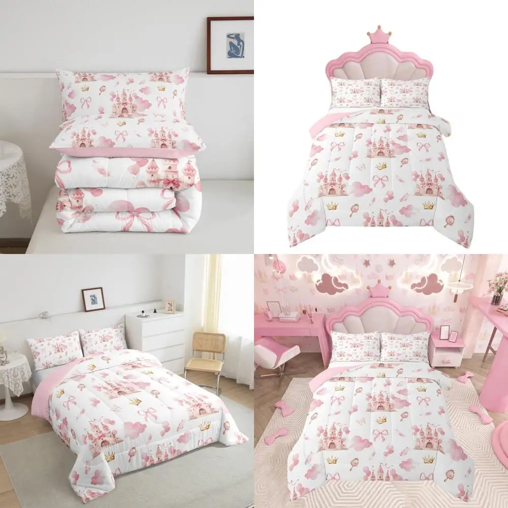 

Full Size Pink Castle Duvet Cover Set with Bowknot for Kids, Dreamy Fairytale Bedding for Boys & Girls, 3-Piece Teen Bedroom Dec