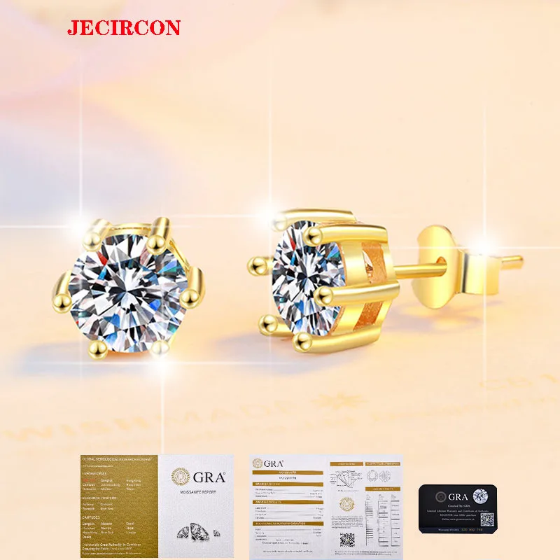 

Серьги-гвоздики JECIRCON из стерлингового серебра S925 с муассанитом, простые серьги-гвоздики с 6 когтями, 18-каратное золото, гипоаллергенные, прочные, не выцветающие ювелирные изделия