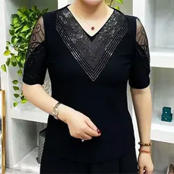 Elegant Fashion Harajuku Slim Fit Female Clothes Loose Casual All Match Tshirts Solid Lace V Neck Insert Short Sleeve T-shirts