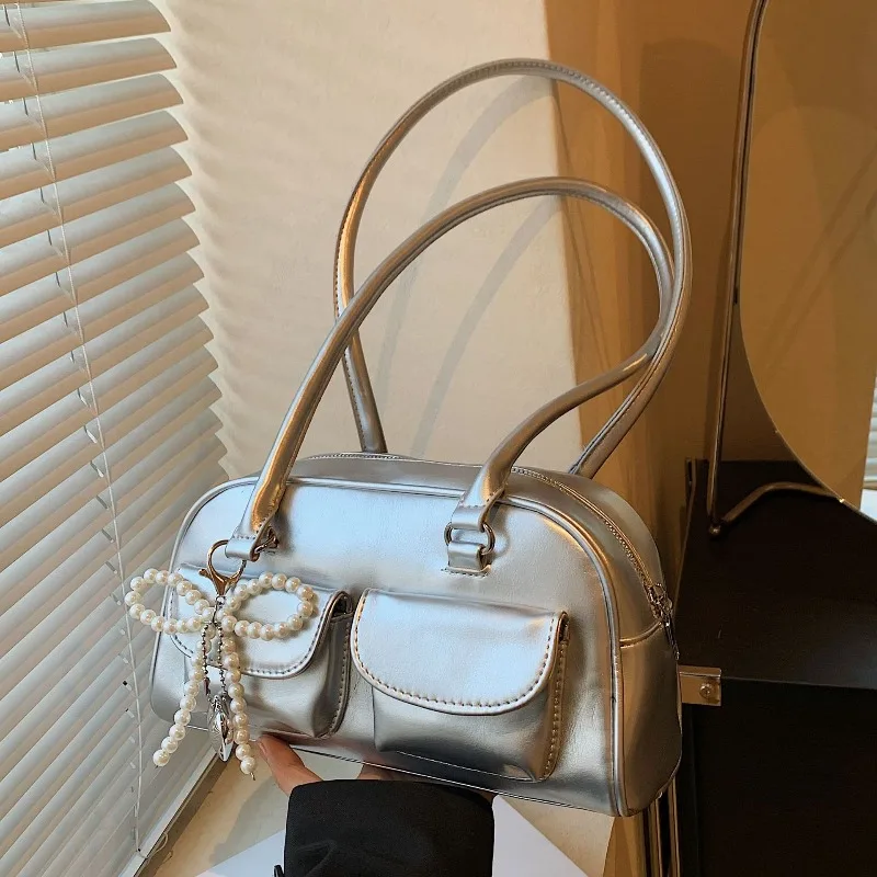 

PU Solid Sewing Fashion Portable Shoulder Bags Pearl Bow Decoration High Capacity Hand Bags 2025 Hot Sale Youth Bags for Women