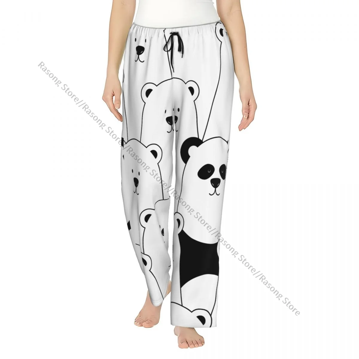 Funny White Polar Bears And Panda Flannel Pajama Pants for Women Soft Warm Sleep Pants with Elastic Waistband