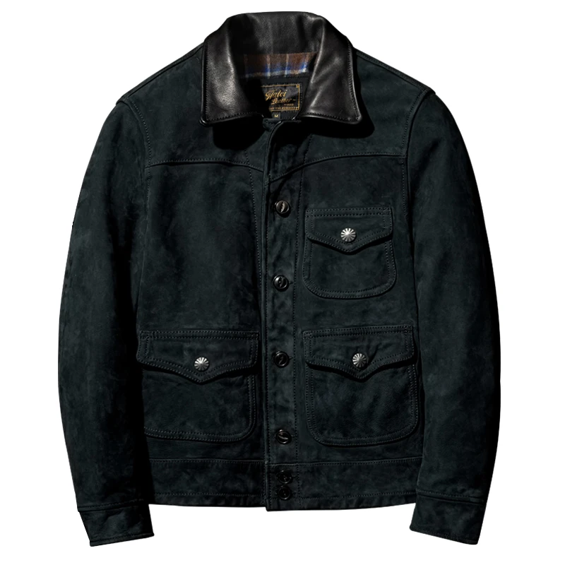 

Black Winter Leather Jacket Men Retro Casual Style Plus Size 6XL Genuine Natural Cow Suede Turn-Down Collar Single Breasted Coat