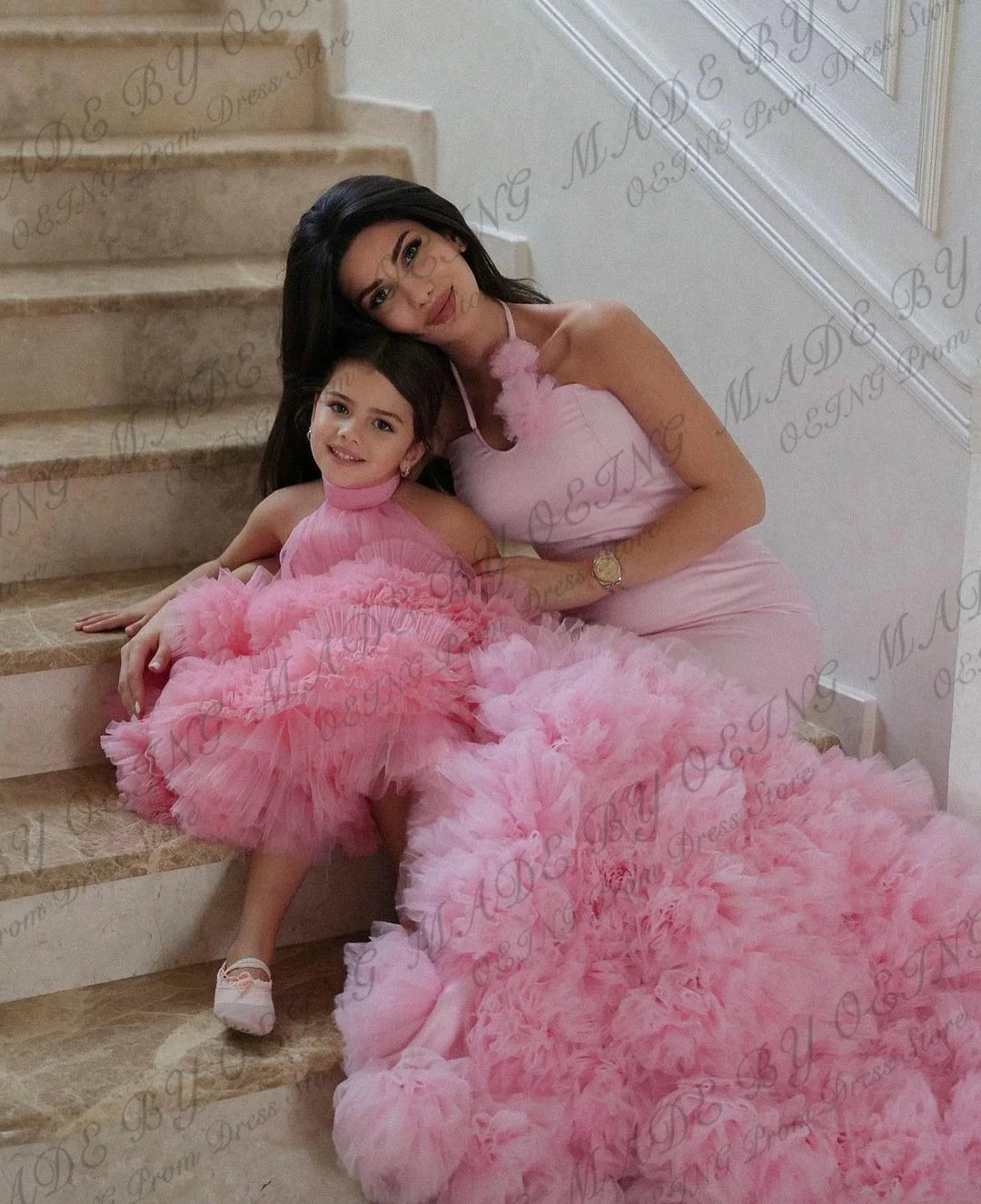 OEING Baby Pink Mother and Daughter Mermaid Dress Princess Photo Shoot Tiered Ruffles Tulle Dress Robe Summer Party Gowns